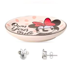 Disney Minnie Mouse Crystal Stud Earrings in Sterling Silver & Trinket Dish
